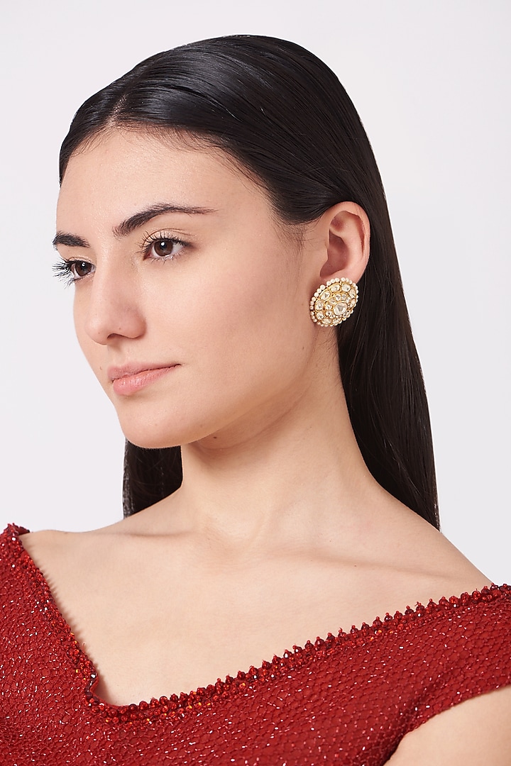 Gold Finish Kundan Polki Stud Earrings In Sterling Silver by Kaari
