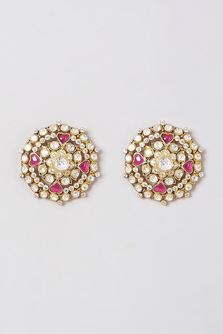 Gold Finish Kundan Polki Earrings In Sterling Silver by Kaari at Pernia's Pop Up Shop