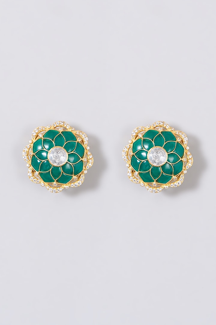 Gold Finish Kundan Polki Stud Earrings In Sterling Silver by Kaari at Pernia's Pop Up Shop
