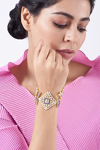 Gold Finish Blue Sapphire Cuff Bangle In Sterling Silver by Kaari