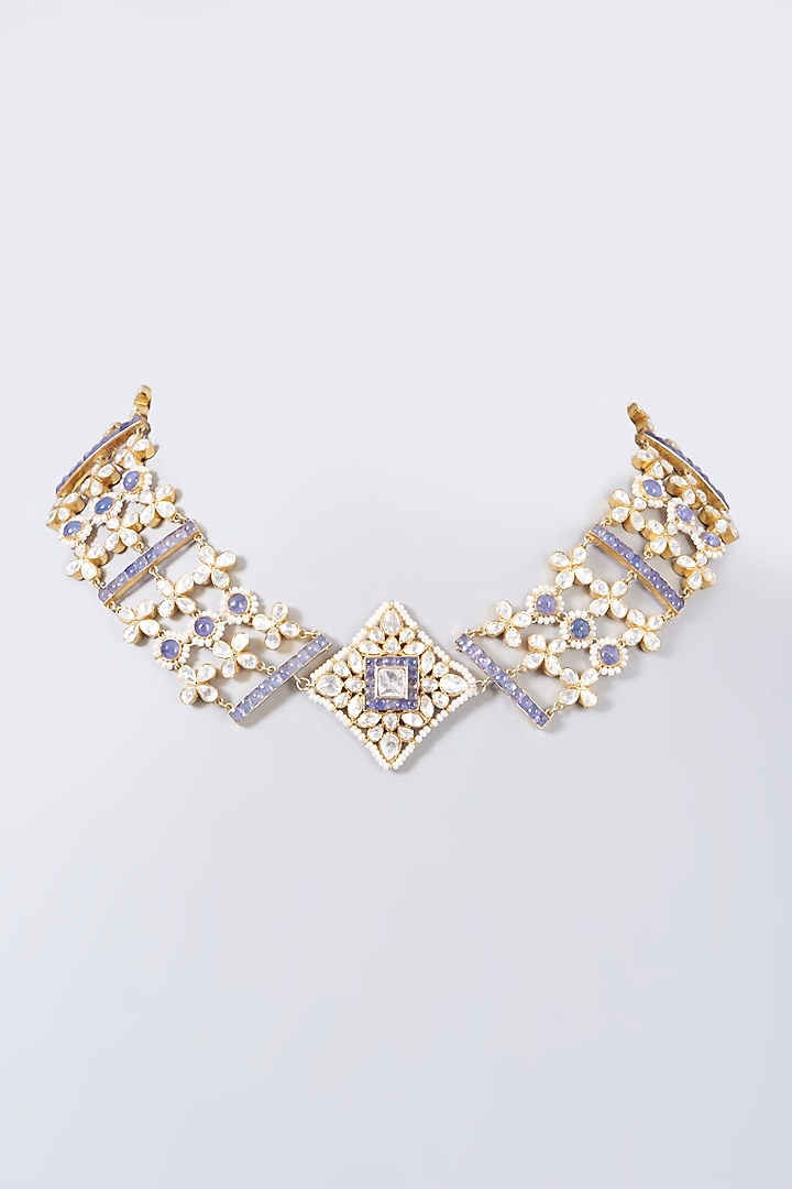 Gold Finish Blue Sapphire Choker Necklace In Sterling Silver by Kaari at Pernia's Pop Up Shop