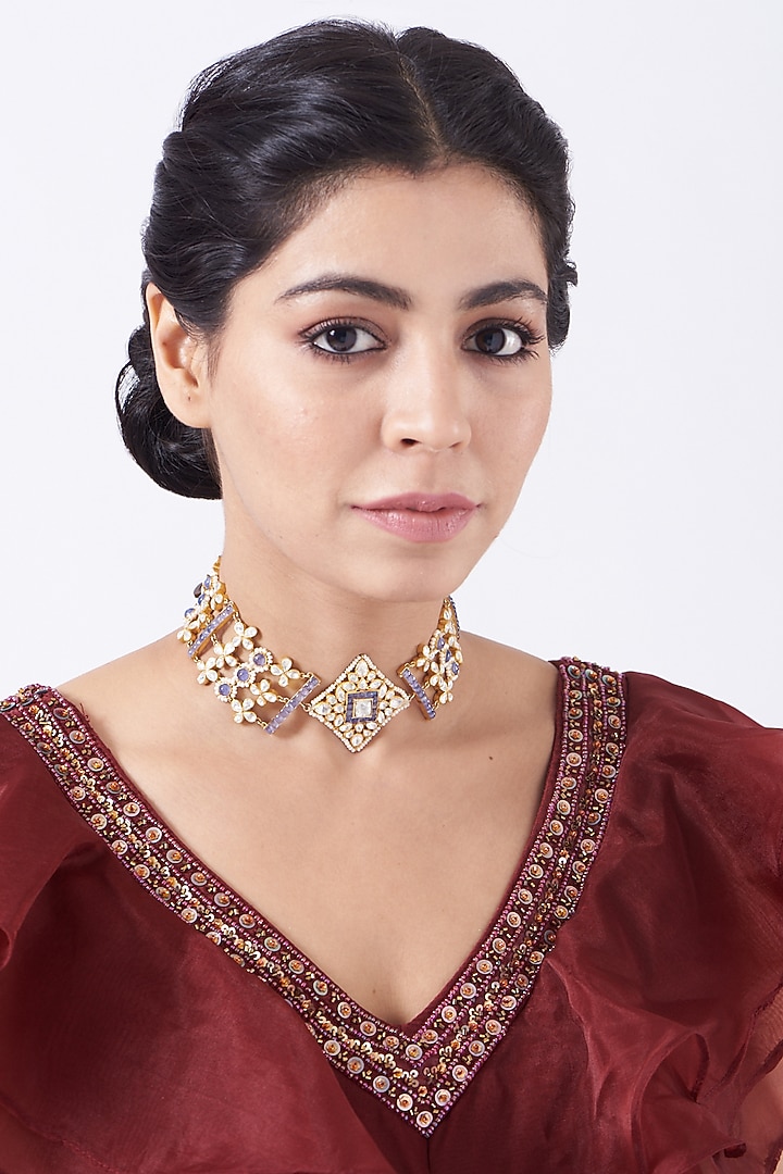 Gold Finish Blue Sapphire Choker Necklace In Sterling Silver by Kaari at Pernia's Pop Up Shop