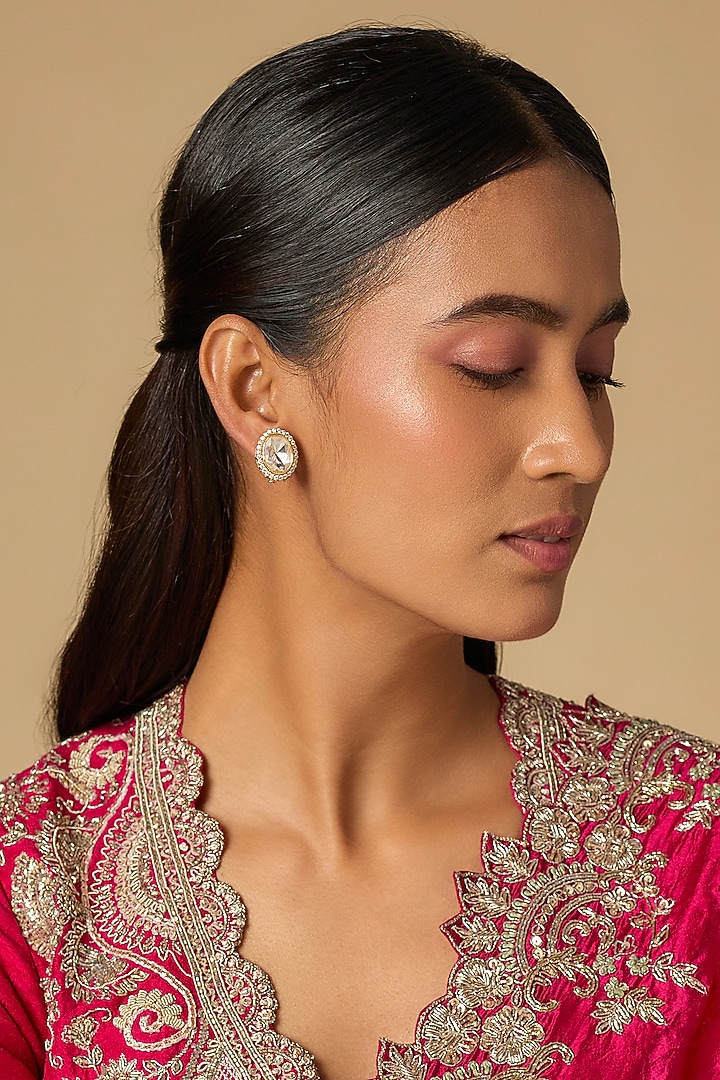 Gold Plated Moissanite Polki Stud Earrings In Sterling Silver by KARISA DESIGNS at Pernia's Pop Up Shop