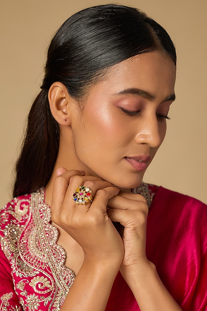 Gold Plated Multi-Colored Kundan Polki Ring In Sterling Silver by KARISA DESIGNS at Pernia's Pop Up Shop
