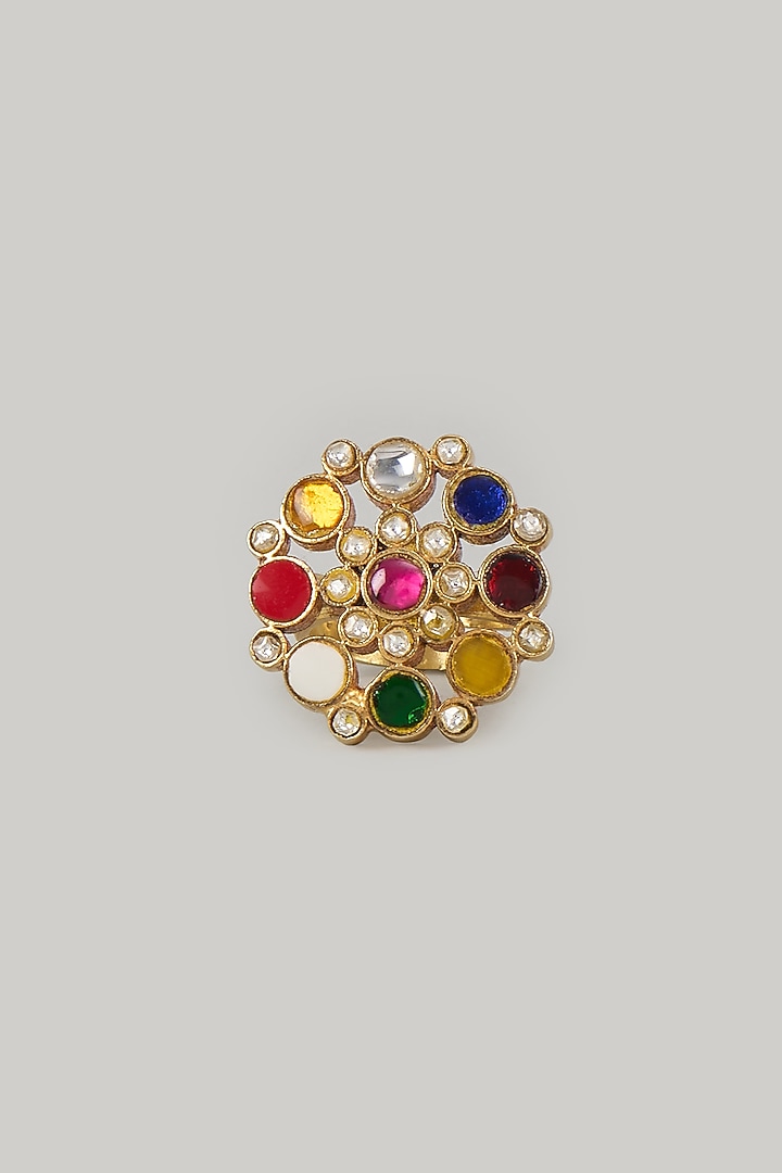 Gold Plated Multi-Colored Kundan Polki Ring In Sterling Silver by KARISA DESIGNS at Pernia's Pop Up Shop