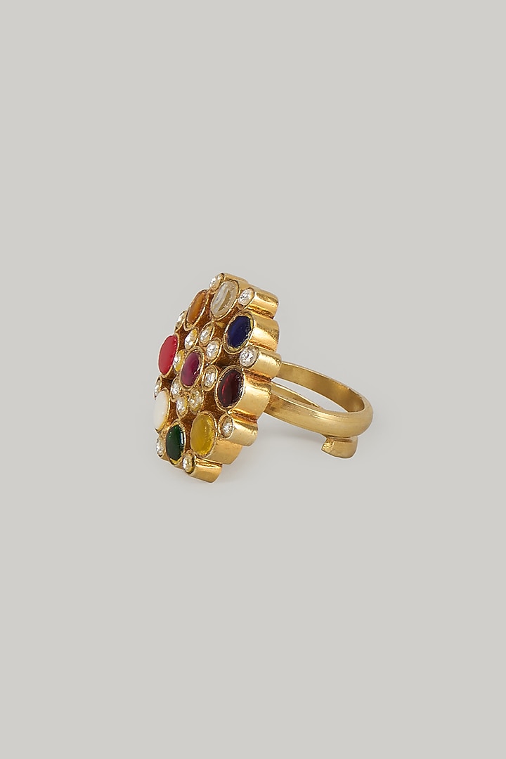 Gold Plated Multi-Colored Kundan Polki Ring In Sterling Silver by KARISA DESIGNS at Pernia's Pop Up Shop