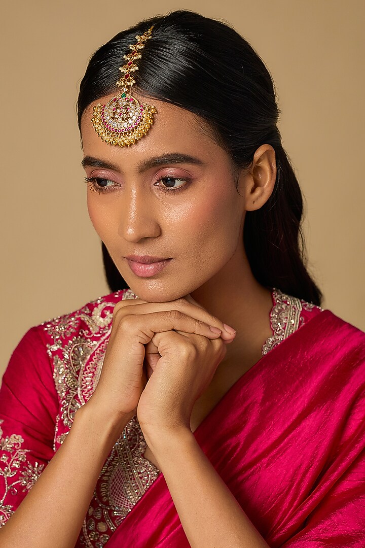 Gold Plated Red Moissanite Polki Maangtikka In Sterling Silver by KARISA DESIGNS at Pernia's Pop Up Shop