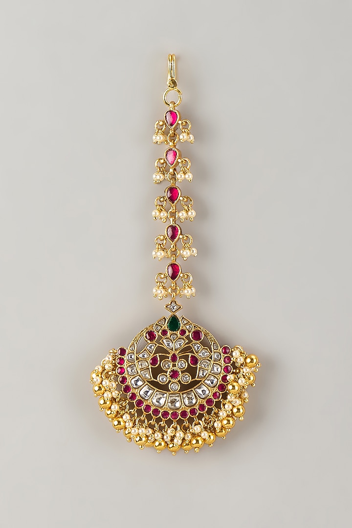 Gold Plated Red Moissanite Polki Maangtikka In Sterling Silver by KARISA DESIGNS at Pernia's Pop Up Shop
