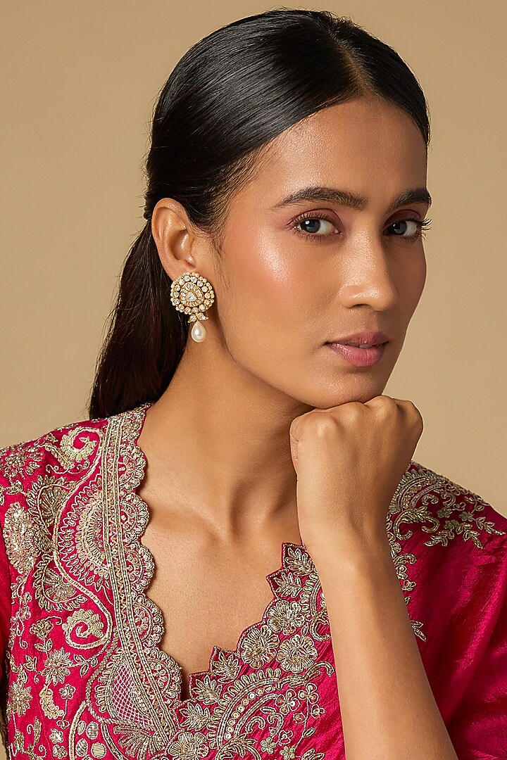 Gold Plated Moissanite Polki Dangler Earrings In Sterling Silver by KARISA DESIGNS at Pernia's Pop Up Shop