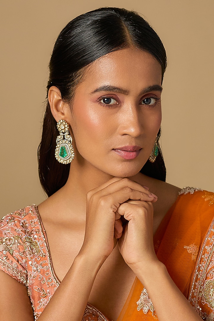 Black Rhodium Finish Green Moissanite Polki Dangler Earrings In Sterling Silver by KARISA DESIGNS at Pernia's Pop Up Shop