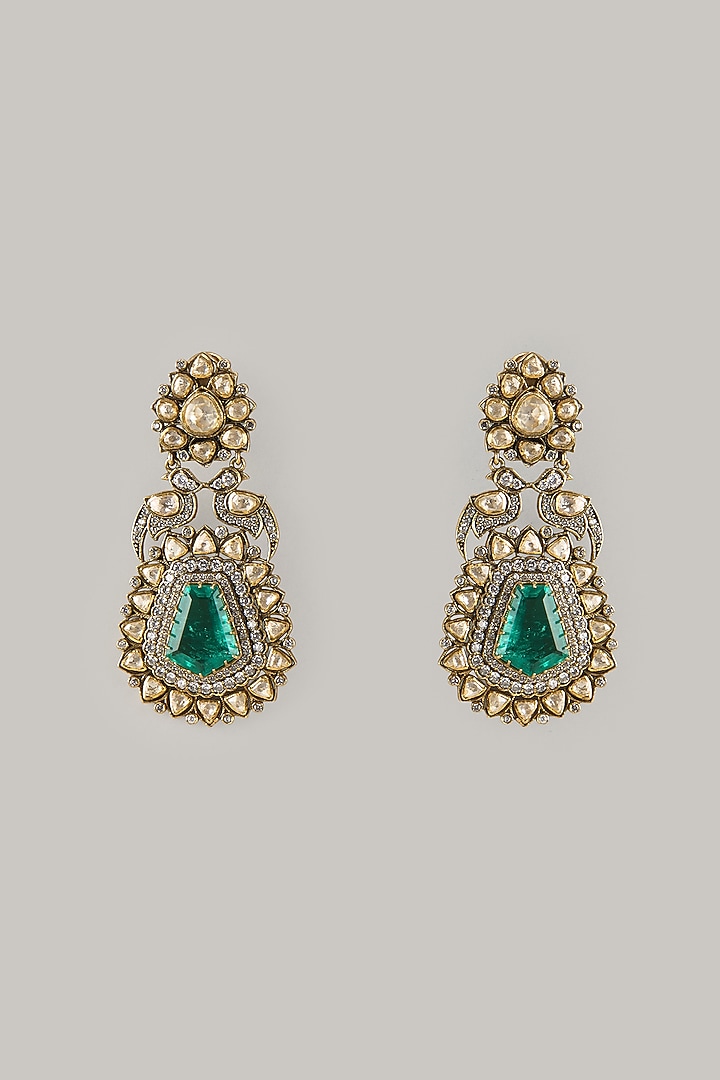 Black Rhodium Finish Green Moissanite Polki Dangler Earrings In Sterling Silver by KARISA DESIGNS at Pernia's Pop Up Shop