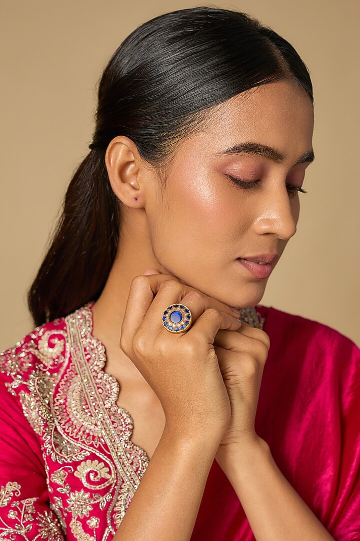 Gold Plated Blue Kundan Polki Ring In Sterling Silver by KARISA DESIGNS at Pernia's Pop Up Shop