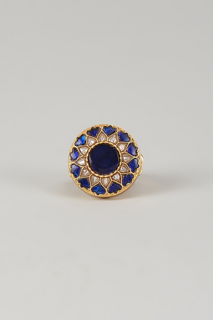 Gold Plated Blue Kundan Polki Ring In Sterling Silver by KARISA DESIGNS at Pernia's Pop Up Shop