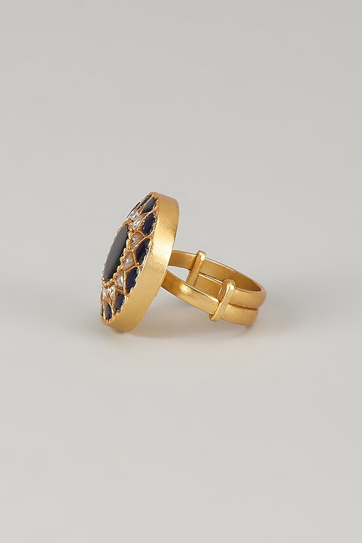 Gold Plated Blue Kundan Polki Ring In Sterling Silver by KARISA DESIGNS at Pernia's Pop Up Shop