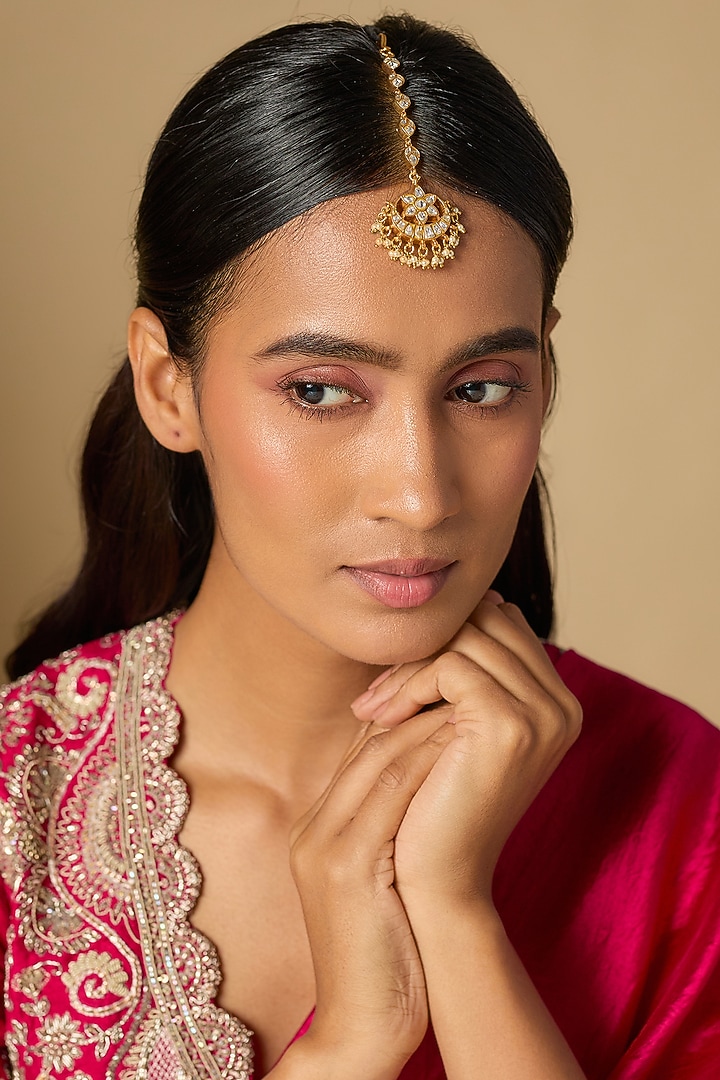 Gold Plated Moissanite Polki Maangtikka In Sterling Silver by KARISA DESIGNS at Pernia's Pop Up Shop