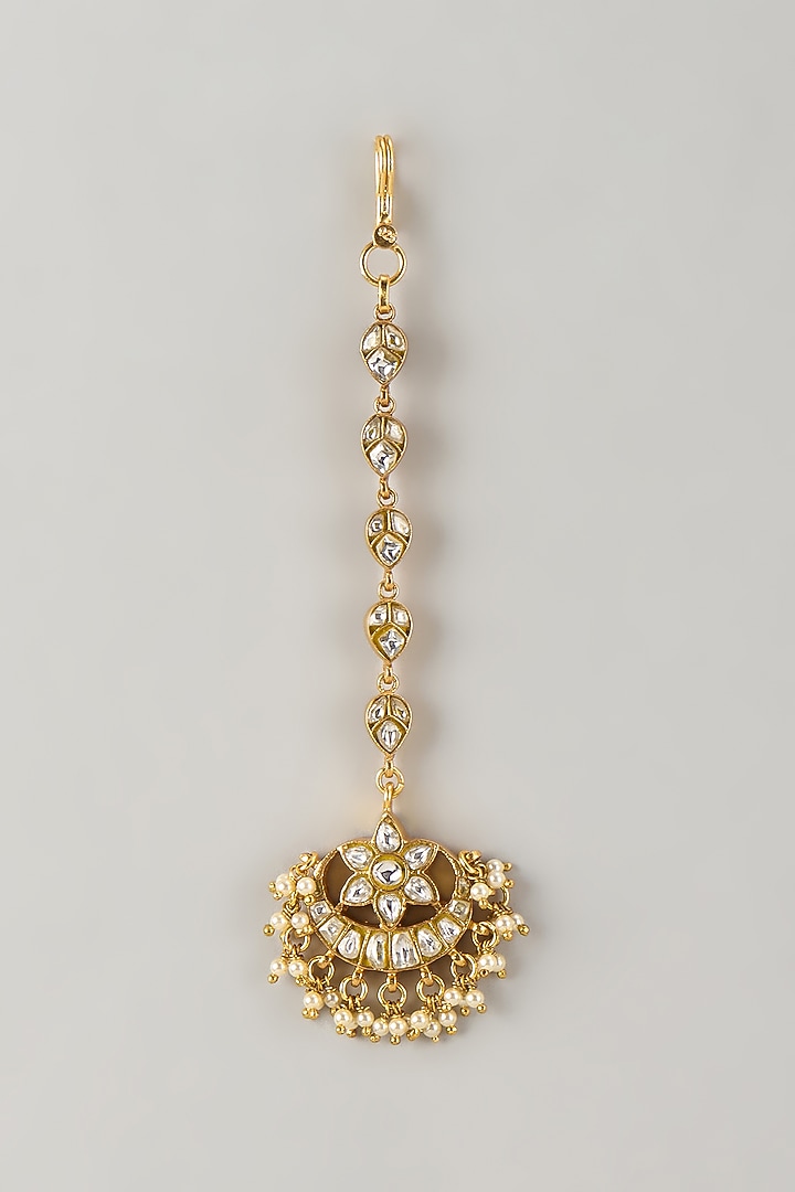 Gold Plated Moissanite Polki Maangtikka In Sterling Silver by KARISA DESIGNS at Pernia's Pop Up Shop