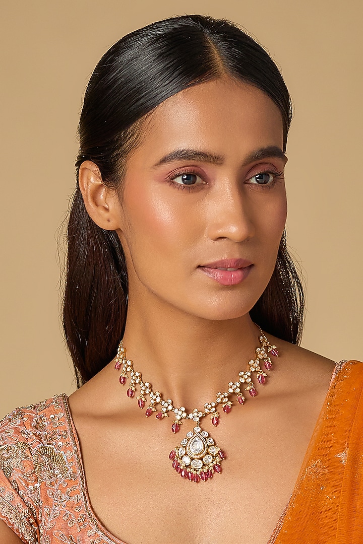 Gold Plated Pink Moissanite Polki Necklace In Sterling Silver by KARISA DESIGNS at Pernia's Pop Up Shop