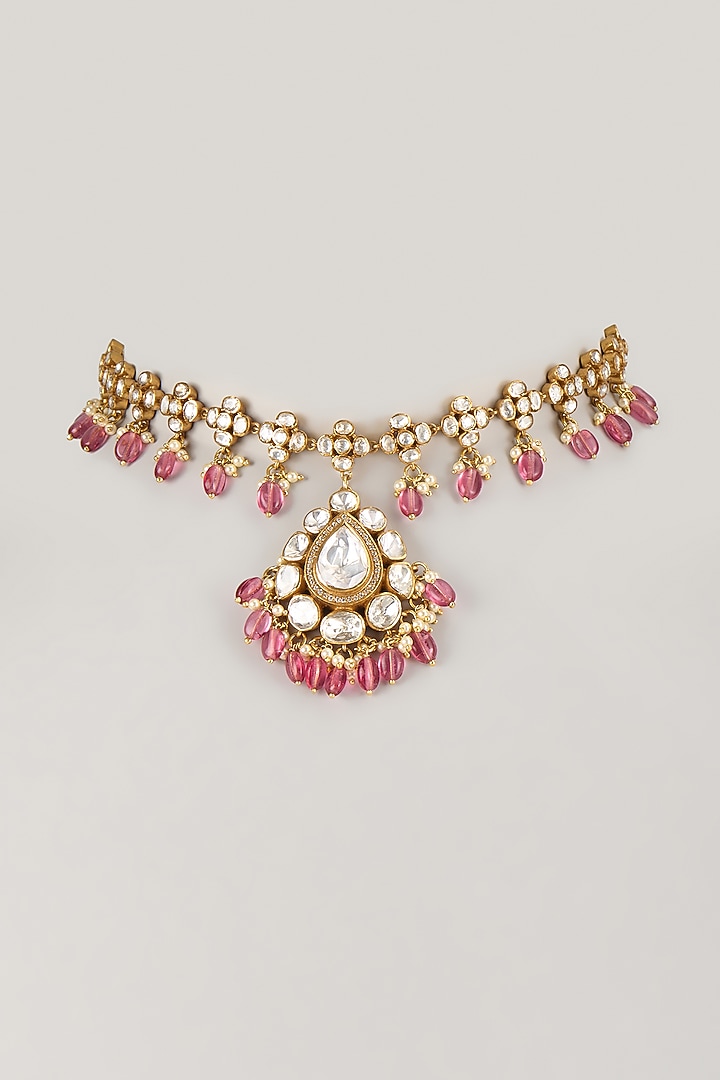 Gold Plated Pink Moissanite Polki Necklace In Sterling Silver by KARISA DESIGNS at Pernia's Pop Up Shop