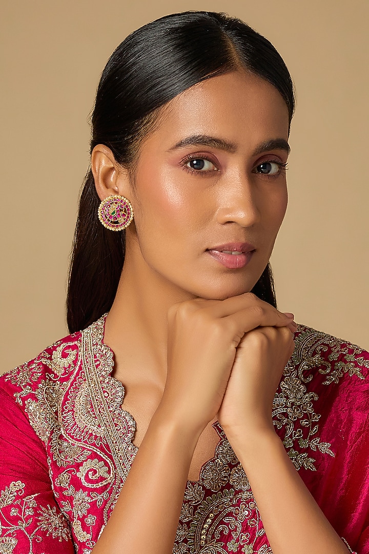 Gold Plated Red Moissanite Polki Stud Earrings In Sterling Silver by KARISA DESIGNS at Pernia's Pop Up Shop