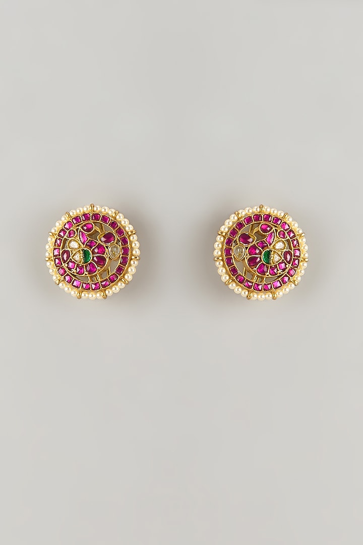 Gold Plated Red Moissanite Polki Stud Earrings In Sterling Silver by KARISA DESIGNS at Pernia's Pop Up Shop