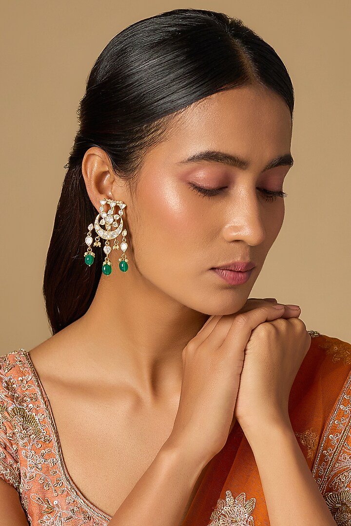 Gold Plated Moissanite Polki Dangler Earrings In Sterling Silver by KARISA DESIGNS at Pernia's Pop Up Shop