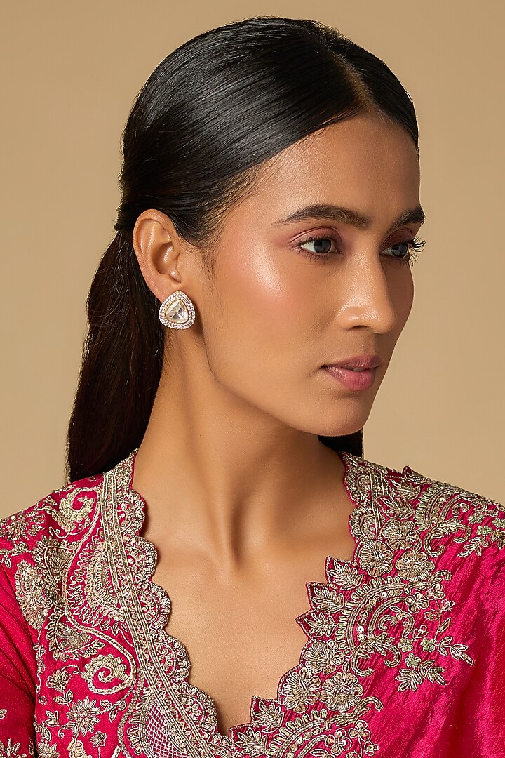 Gold Plated Moissanite Polki Stud Earrings In Sterling Silver by KARISA DESIGNS at Pernia's Pop Up Shop