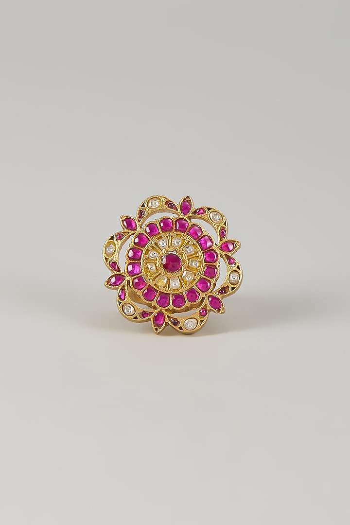 Gold Plated Red Kundan Polki Ring In Sterling Silver by KARISA DESIGNS at Pernia's Pop Up Shop