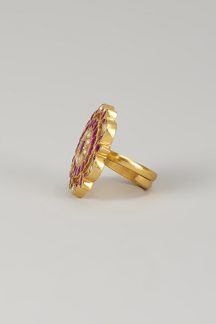 Gold Plated Red Kundan Polki Ring In Sterling Silver by KARISA DESIGNS at Pernia's Pop Up Shop