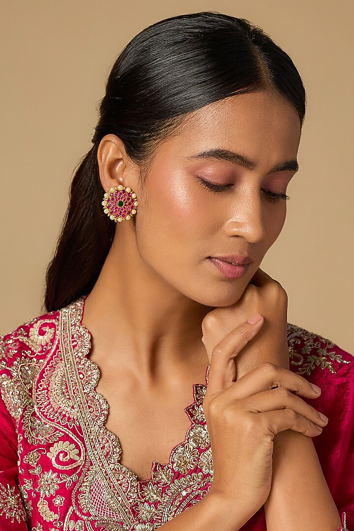 Gold Plated Red Moissanite Polki Stud Earrings In Sterling Silver by KARISA DESIGNS at Pernia's Pop Up Shop