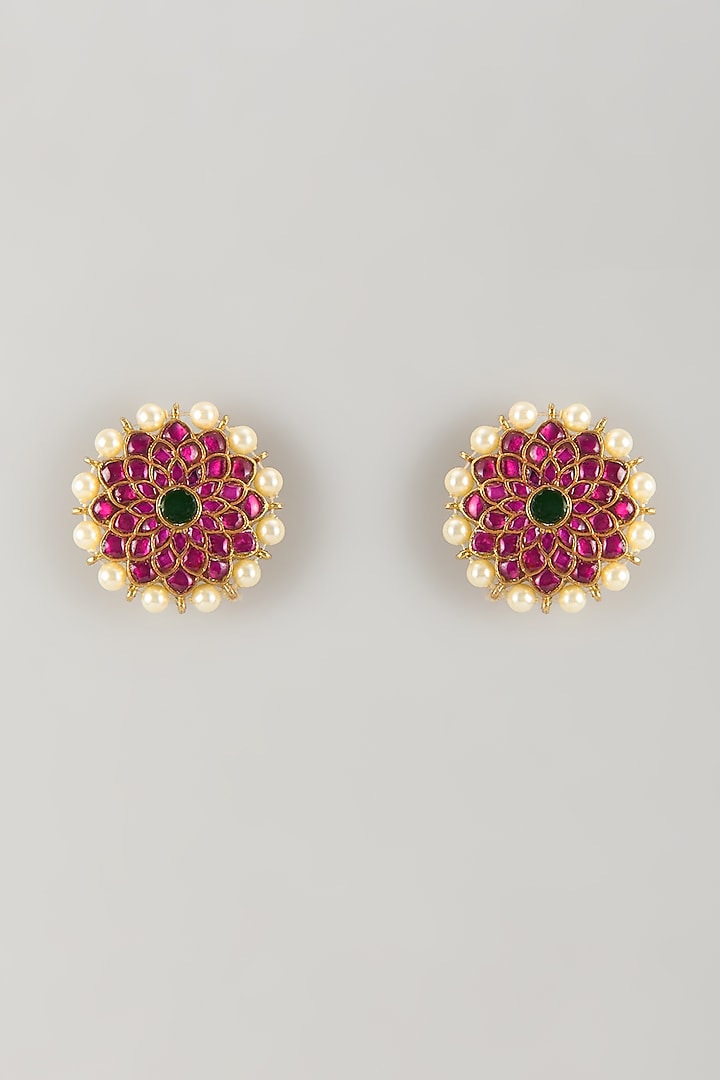 Gold Plated Red Moissanite Polki Stud Earrings In Sterling Silver by KARISA DESIGNS at Pernia's Pop Up Shop