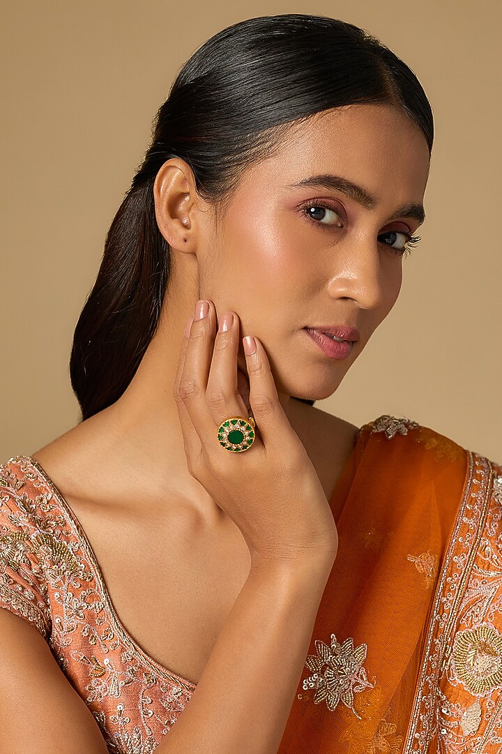Gold Plated Green Kundan Polki Ring In Sterling Silver by KARISA DESIGNS at Pernia's Pop Up Shop