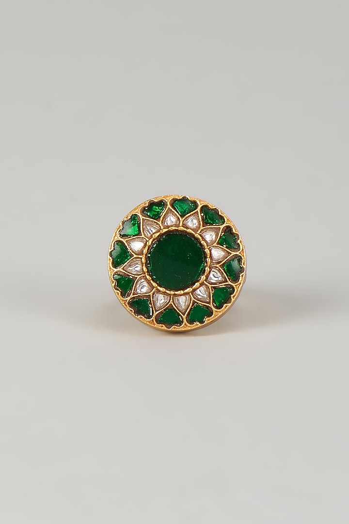 Gold Plated Green Kundan Polki Ring In Sterling Silver by KARISA DESIGNS at Pernia's Pop Up Shop