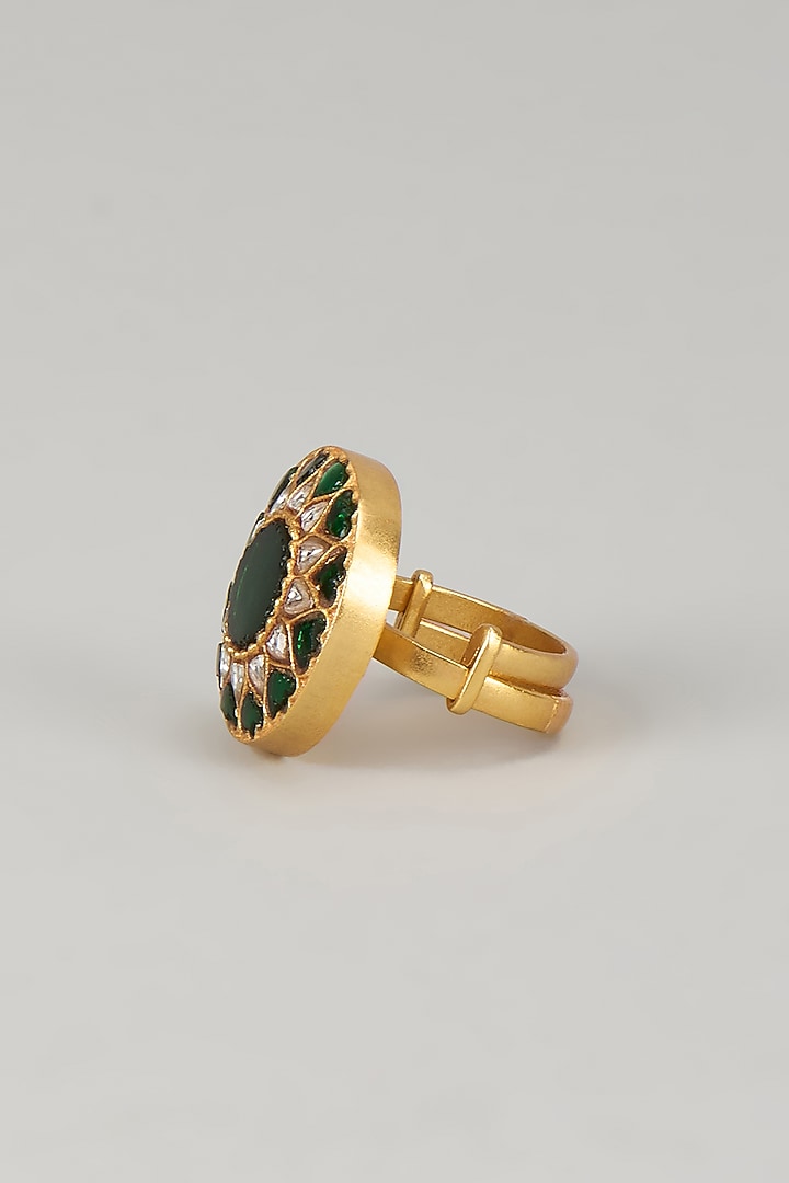 Gold Plated Green Kundan Polki Ring In Sterling Silver by KARISA DESIGNS at Pernia's Pop Up Shop