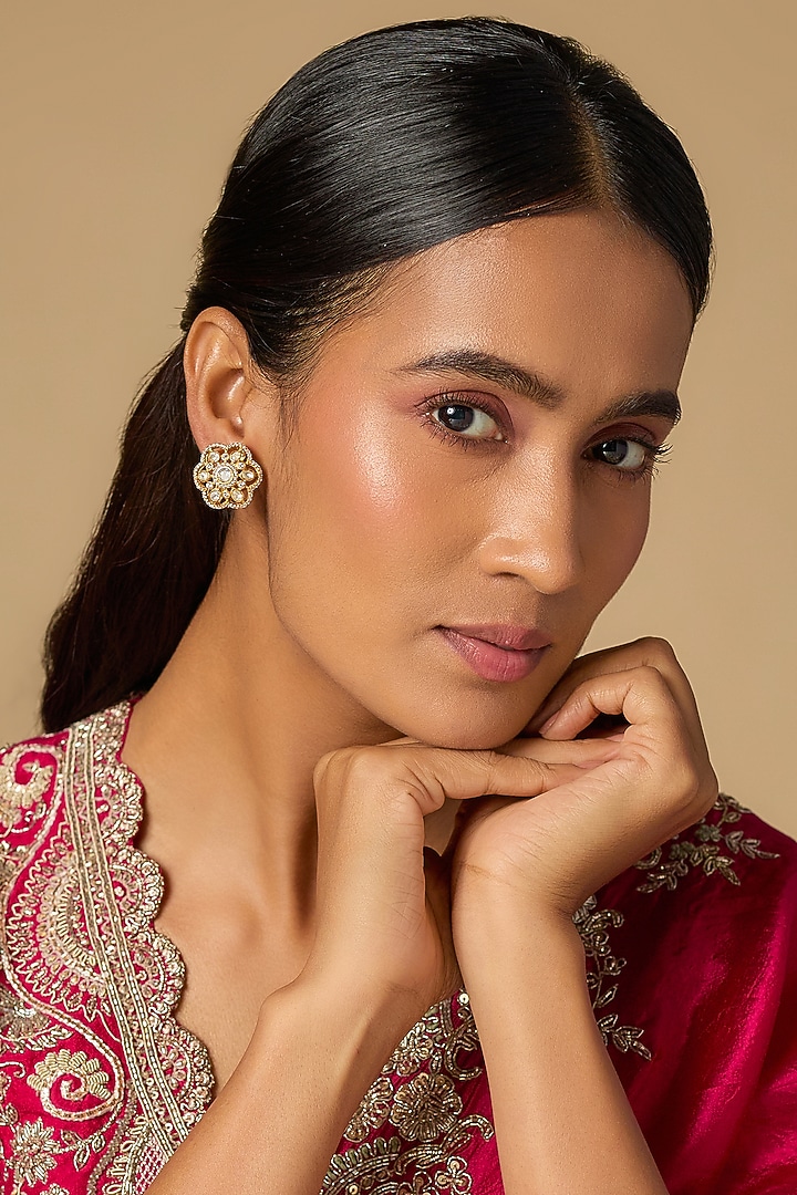 Gold Plated White Moissanite Polki Stud Earrings In Sterling Silver by KARISA DESIGNS at Pernia's Pop Up Shop