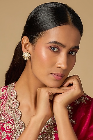 Gold Plated White Moissanite Polki Stud Earrings In Sterling Silver by KARISA DESIGNS