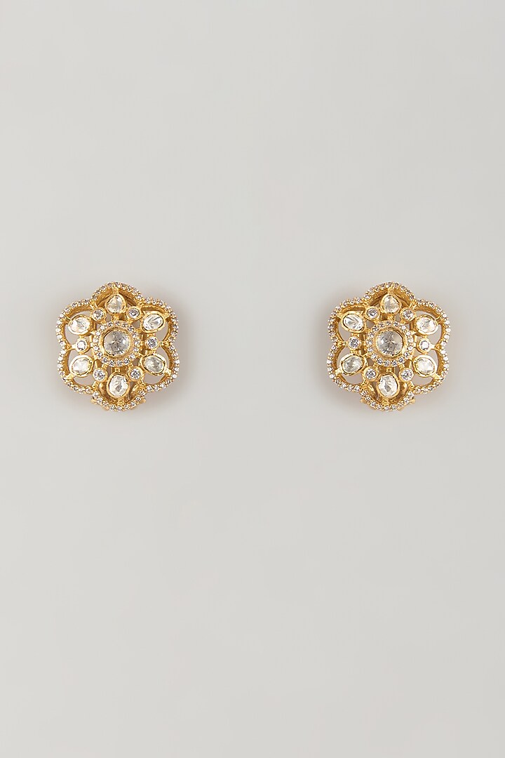 Gold Plated White Moissanite Polki Stud Earrings In Sterling Silver by KARISA DESIGNS at Pernia's Pop Up Shop