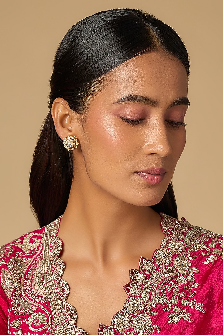 Gold Plated Moissanite Polki Stud Earrings In Sterling Silver by KARISA DESIGNS at Pernia's Pop Up Shop