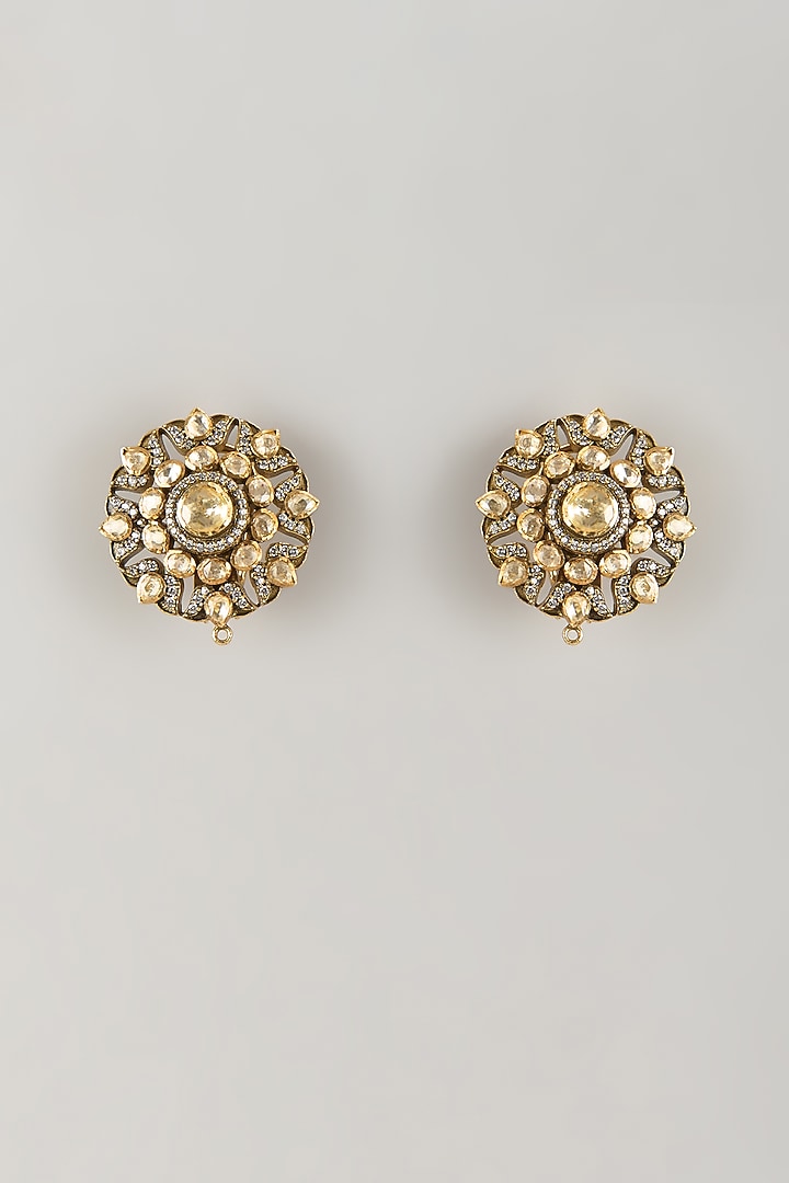 Black Rhodium Finish White Moissanite Polki Stud Earrings In Sterling Silver by KARISA DESIGNS at Pernia's Pop Up Shop