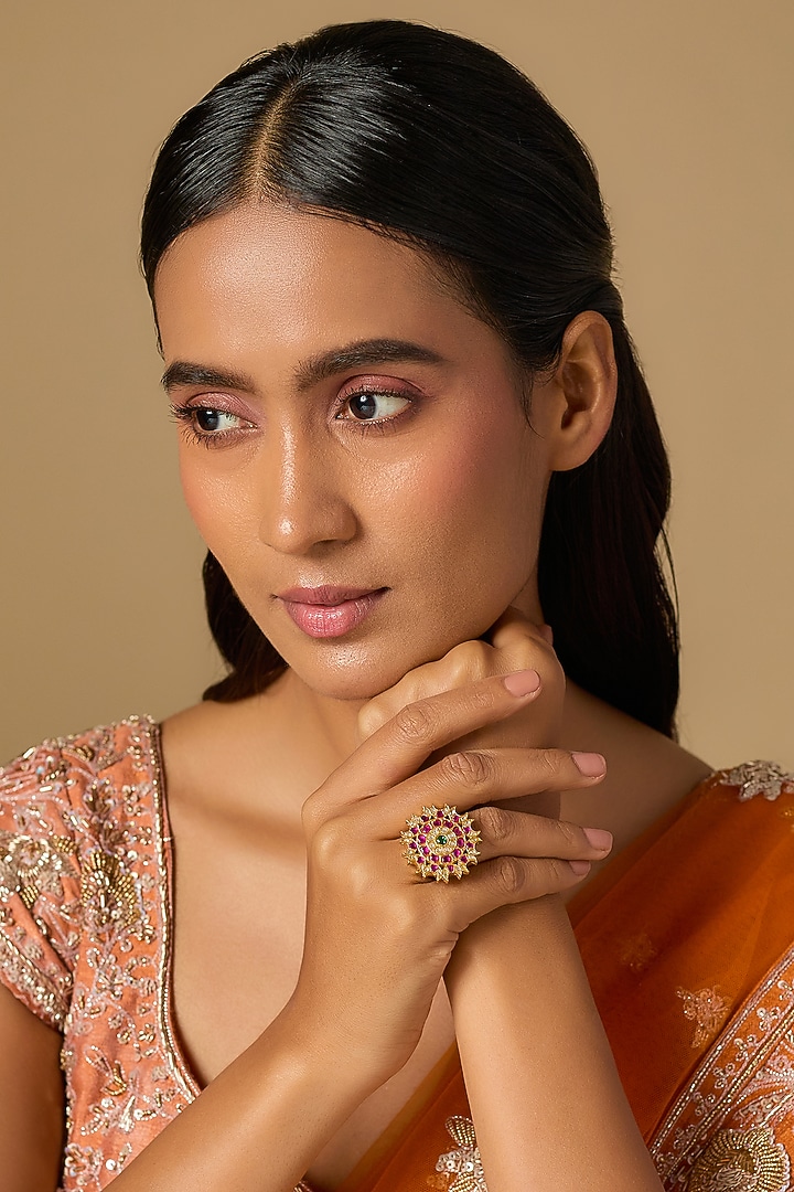 Gold Plated Pink Kundan Polki Ring In Sterling Silver by KARISA DESIGNS at Pernia's Pop Up Shop