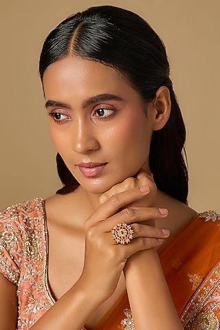 Gold Plated Pink Kundan Polki Ring In Sterling Silver by KARISA DESIGNS