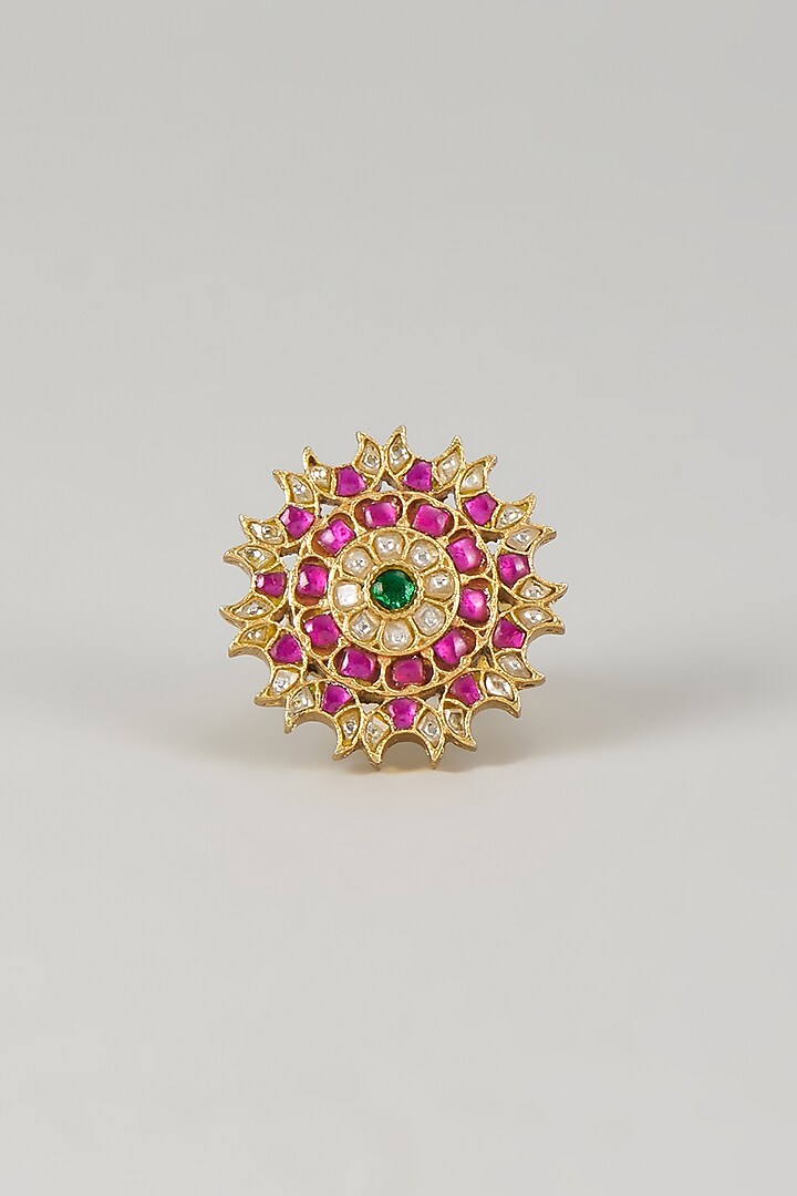 Gold Plated Pink Kundan Polki Ring In Sterling Silver by KARISA DESIGNS at Pernia's Pop Up Shop