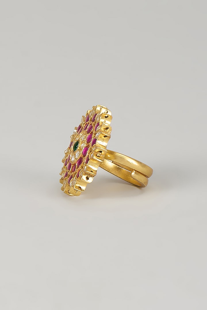 Gold Plated Pink Kundan Polki Ring In Sterling Silver by KARISA DESIGNS at Pernia's Pop Up Shop