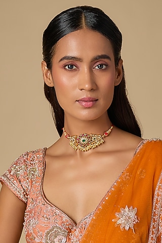 Gold Plated Multi-Colored Moissanite Polki Necklace In Sterling Silver by KARISA DESIGNS