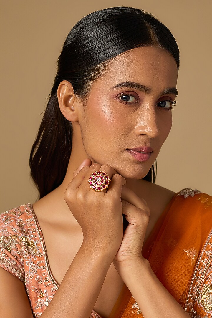 Gold Plated Red Kundan Polki Ring In Sterling Silver by KARISA DESIGNS at Pernia's Pop Up Shop