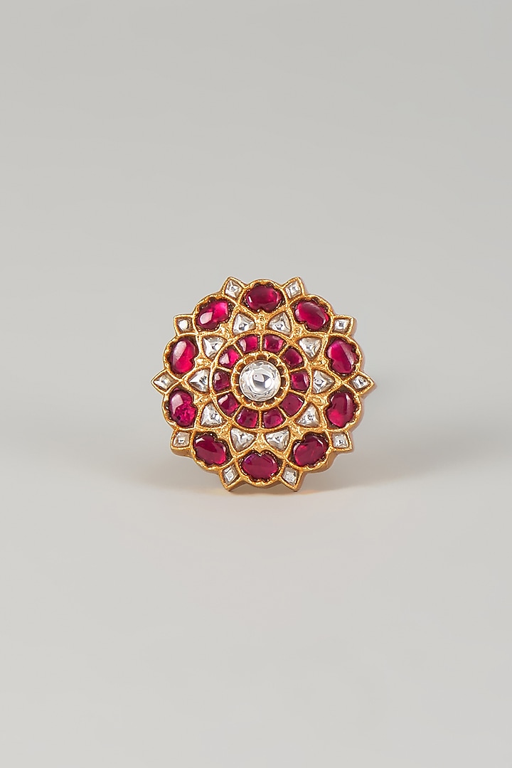 Gold Plated Red Kundan Polki Ring In Sterling Silver by KARISA DESIGNS at Pernia's Pop Up Shop