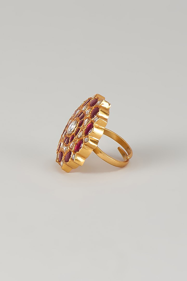 Gold Plated Red Kundan Polki Ring In Sterling Silver by KARISA DESIGNS at Pernia's Pop Up Shop