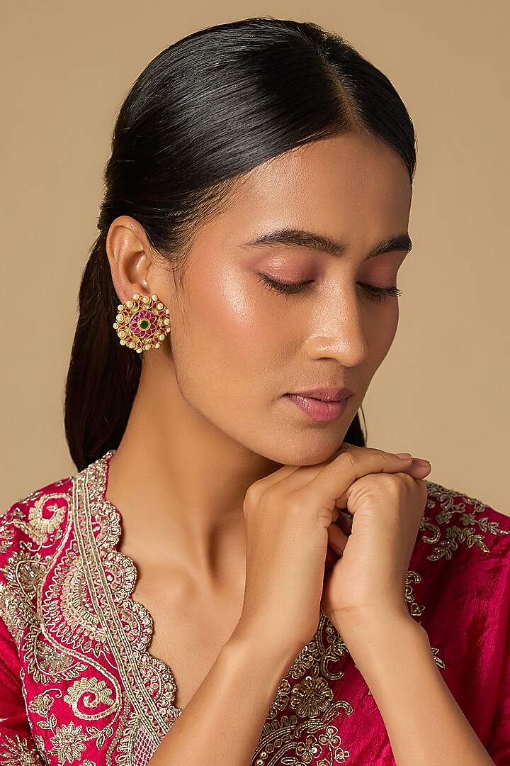 Gold Plated Red Moissanite Polki Stud Earrings In Sterling Silver by KARISA DESIGNS at Pernia's Pop Up Shop