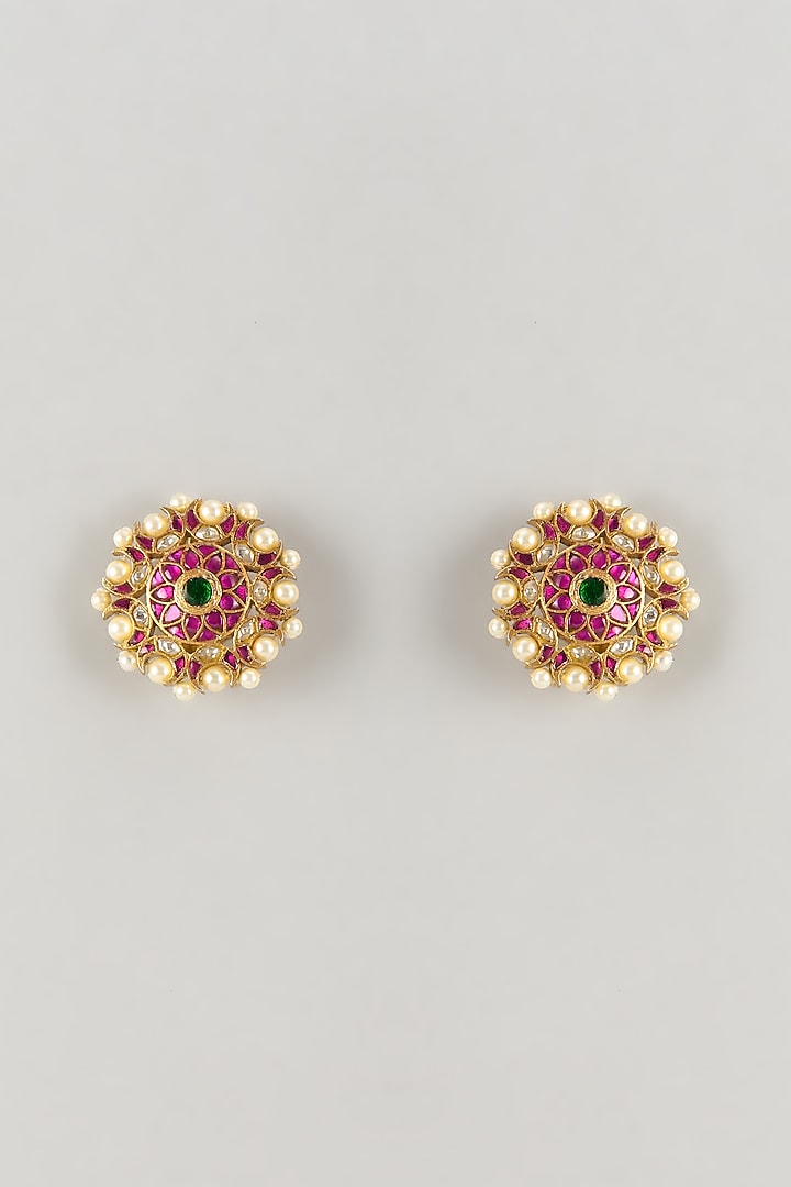 Gold Plated Red Moissanite Polki Stud Earrings In Sterling Silver by KARISA DESIGNS at Pernia's Pop Up Shop