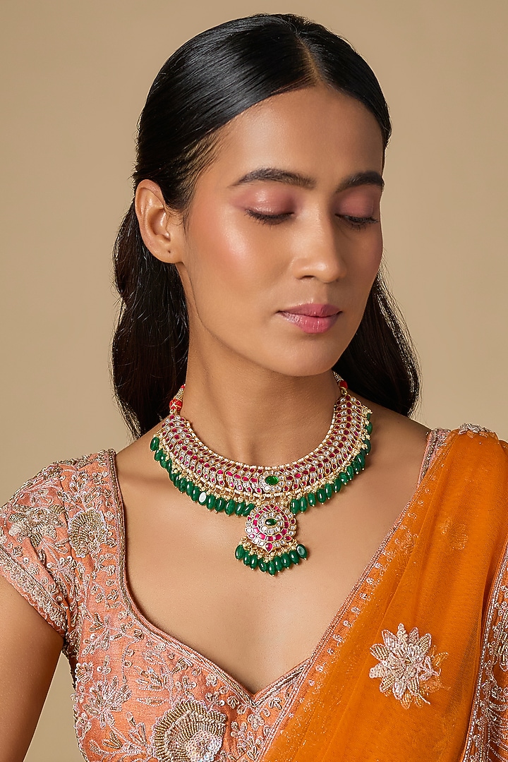 Gold Plated Multi-Colored Moissanite Polki Necklace In Sterling Silver by KARISA DESIGNS at Pernia's Pop Up Shop