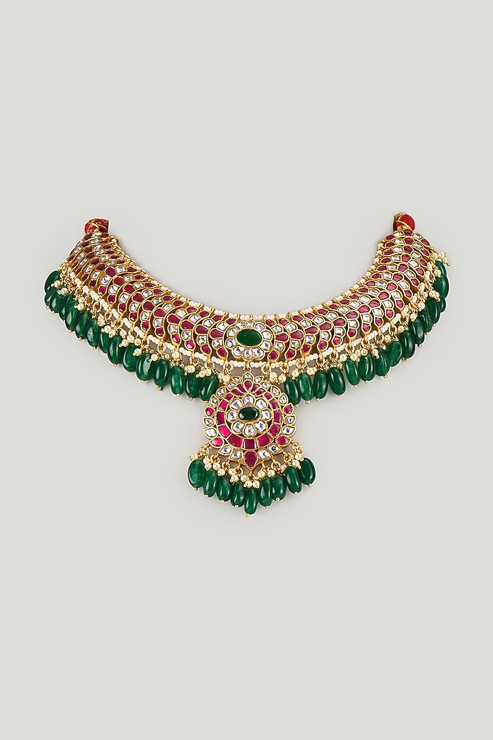 Gold Plated Multi-Colored Moissanite Polki Necklace In Sterling Silver by KARISA DESIGNS at Pernia's Pop Up Shop